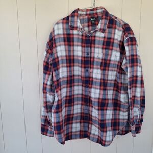 Roots Red Blue White Plaid Button Up Shirt Size Medium Cottagecore Cozy